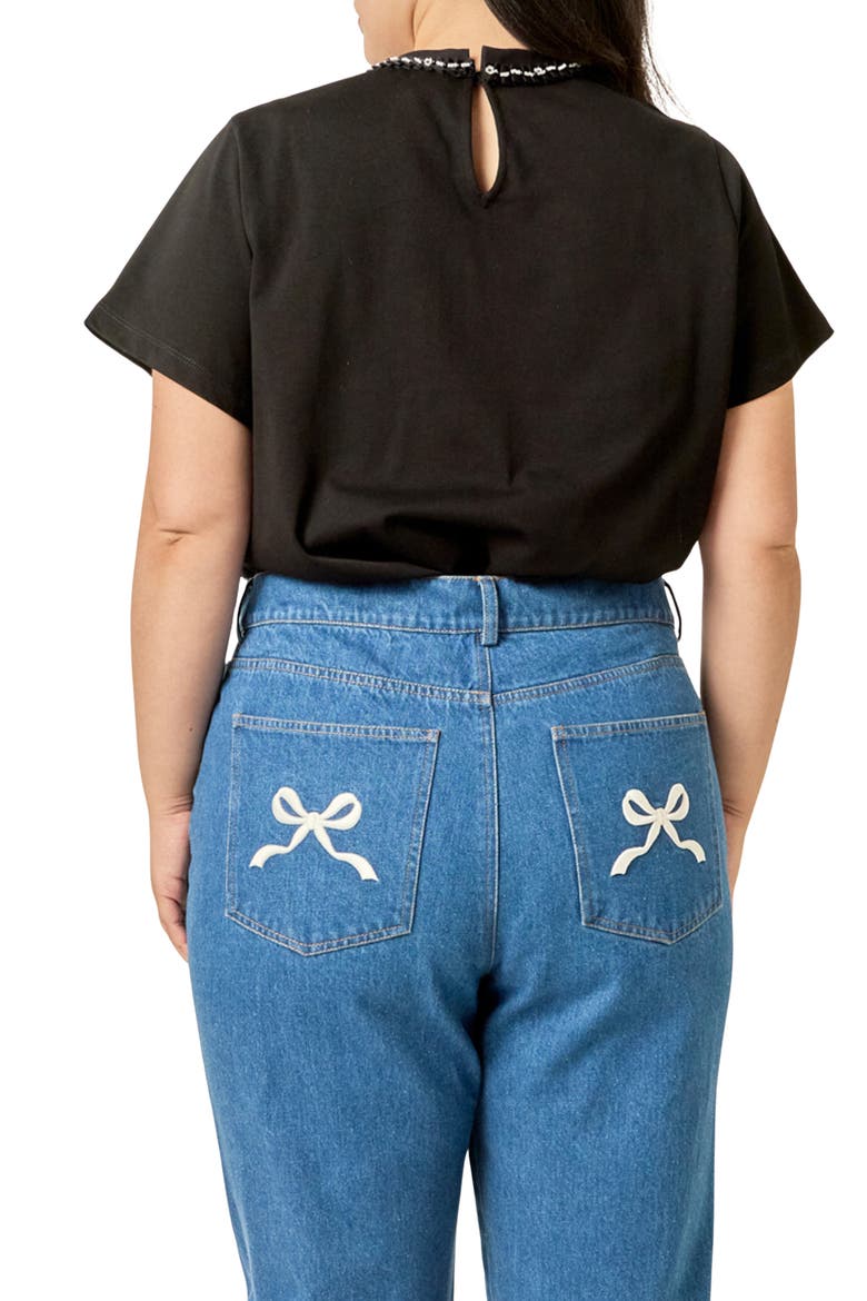 Pearl-Embellished Bow T-Shirt, Alternate, color, BLACK