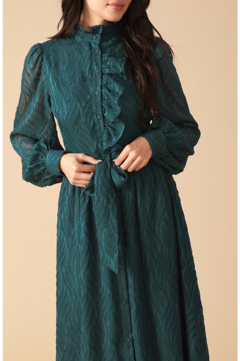 Solid Long Sleeve Ruffle Midi Dress, Alternate, color, DARK GREEN