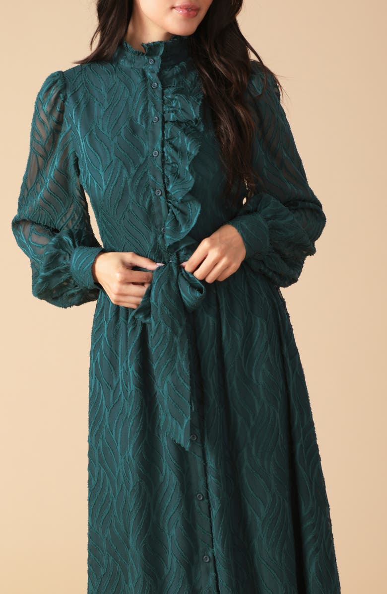 FLYING TOMATO Solid Long Sleeve Ruffle Midi Dress, Alternate, color, Dark Green