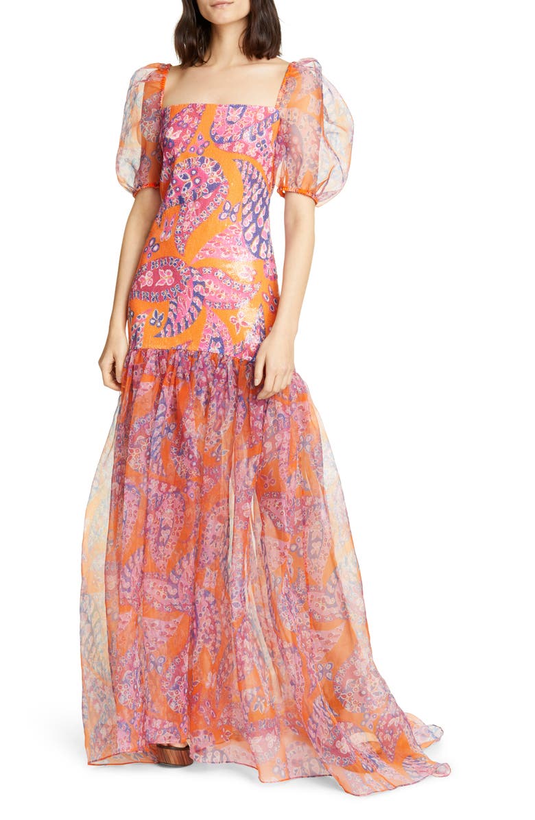 STAUD Wilde Sequin Butterfly Paisley Print Maxi Dress, Main, color, 