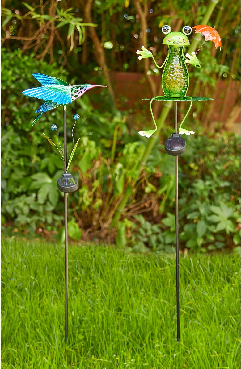 Glitzhome Set of 2 36"H Solar Hummingbird & Frog Yardstakes, Alternate, color, Green