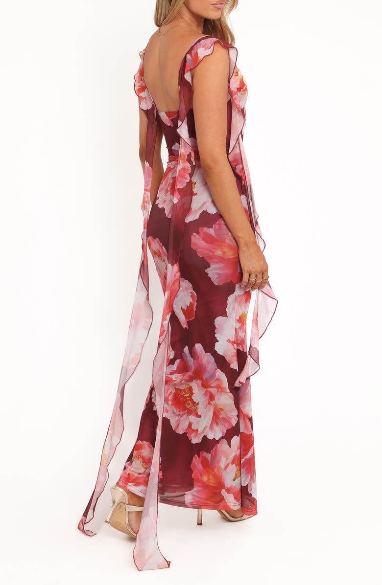 Petal & Pup Chiara Floral Flutter Ruffle Maxi Dress, Alternate, color, Burgundy Peony