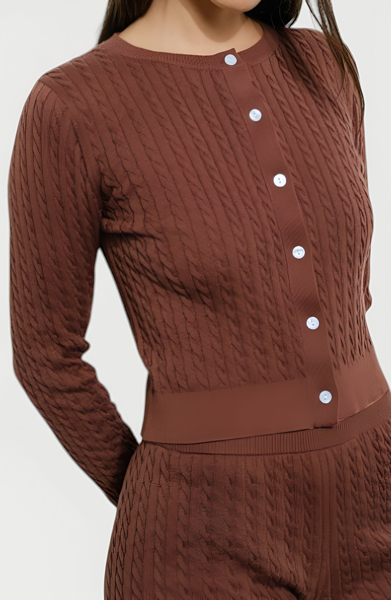 Modenaire Cropped Cable Knit Cardigan with Crew Neckline, Alternate, color, 