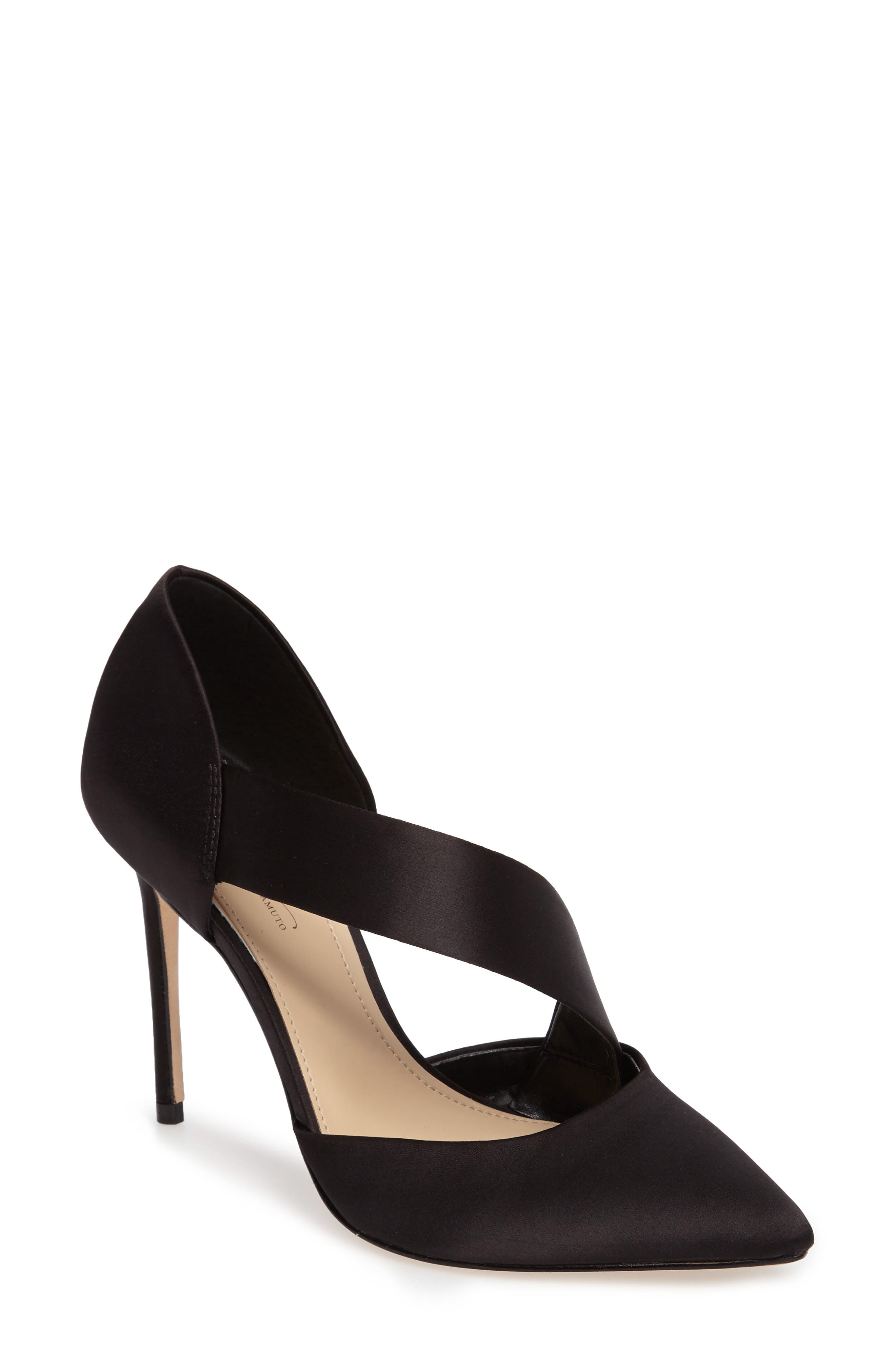 Oya Asymmetrical Pointy Toe Pump, Main, color, BLACK SATIN