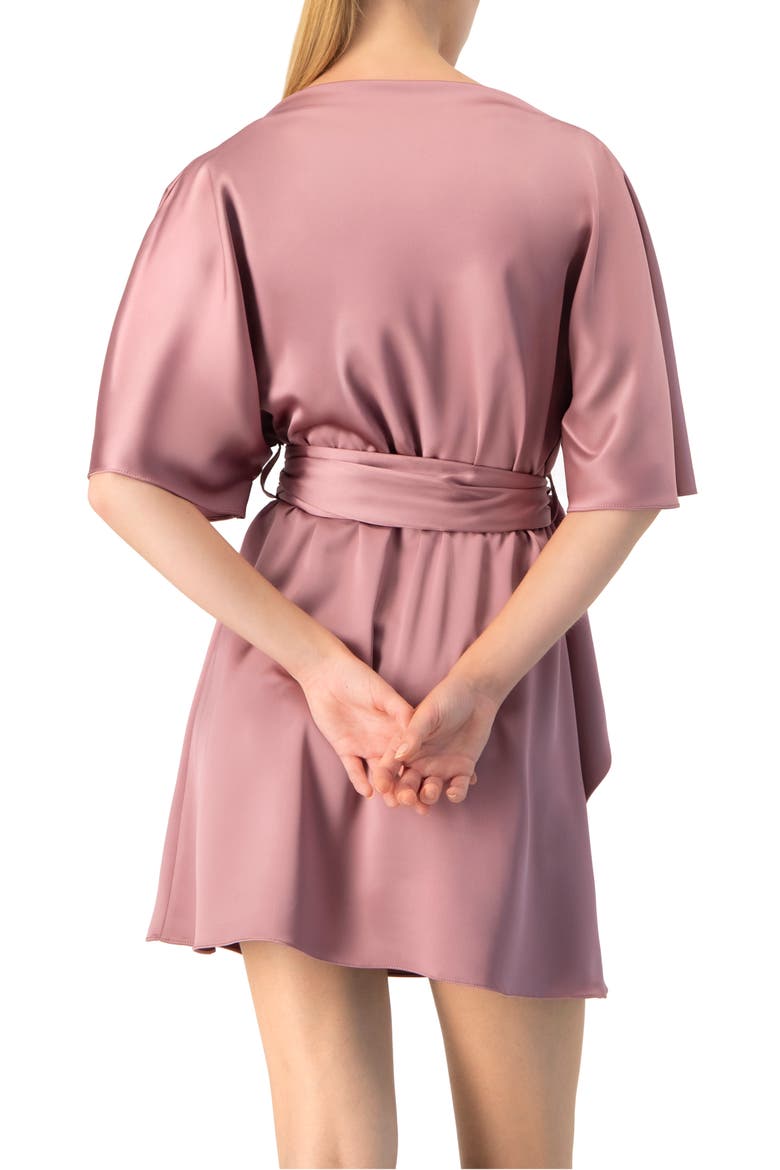 Short Satin Dress with Waist Tie, Alternate, color, Dark Pink