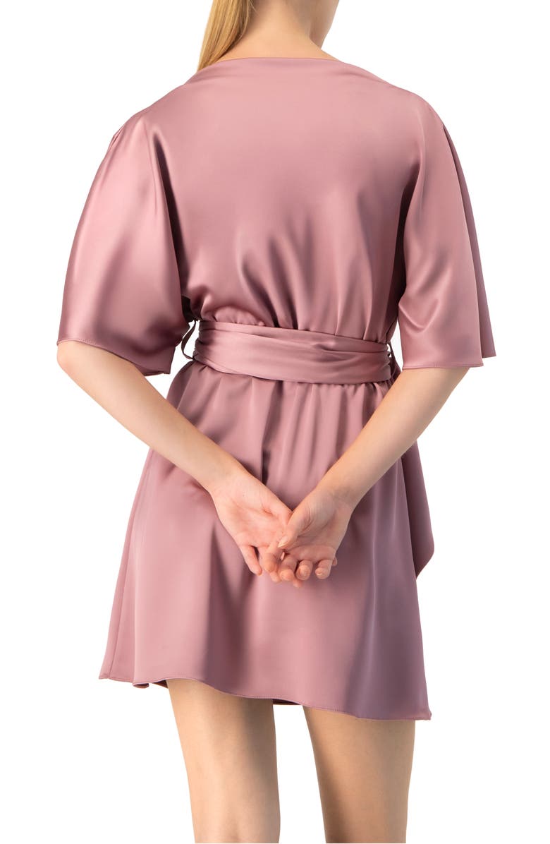 IVONNE Short Satin Dress with Waist Tie, Alternate, color, Dark Pink