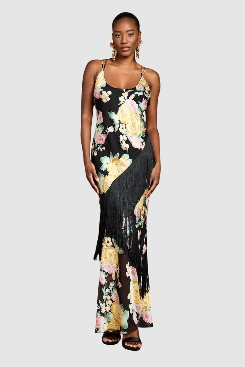 Strappy Floral Fringe Maxi Dress, Main, color, Black