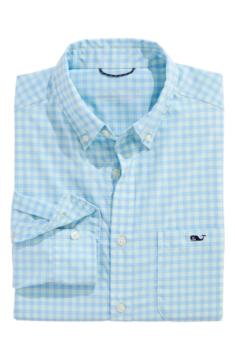 vineyard vines Lemon Shark Gingham Button-Down Performance Shirt, Alternate, color, Aqua Glass