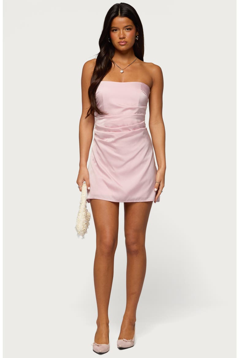 Valeriah Pleated Strapless Satin Minidress, Alternate, color, PINK