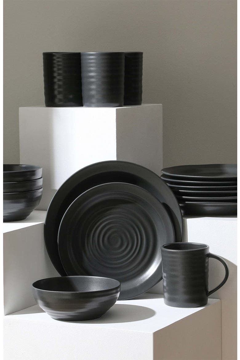 Orbit Stoneware 16-Piece Dinnerware Set with Cereal Bowls and Mugs, Alternate, color, Charcoal