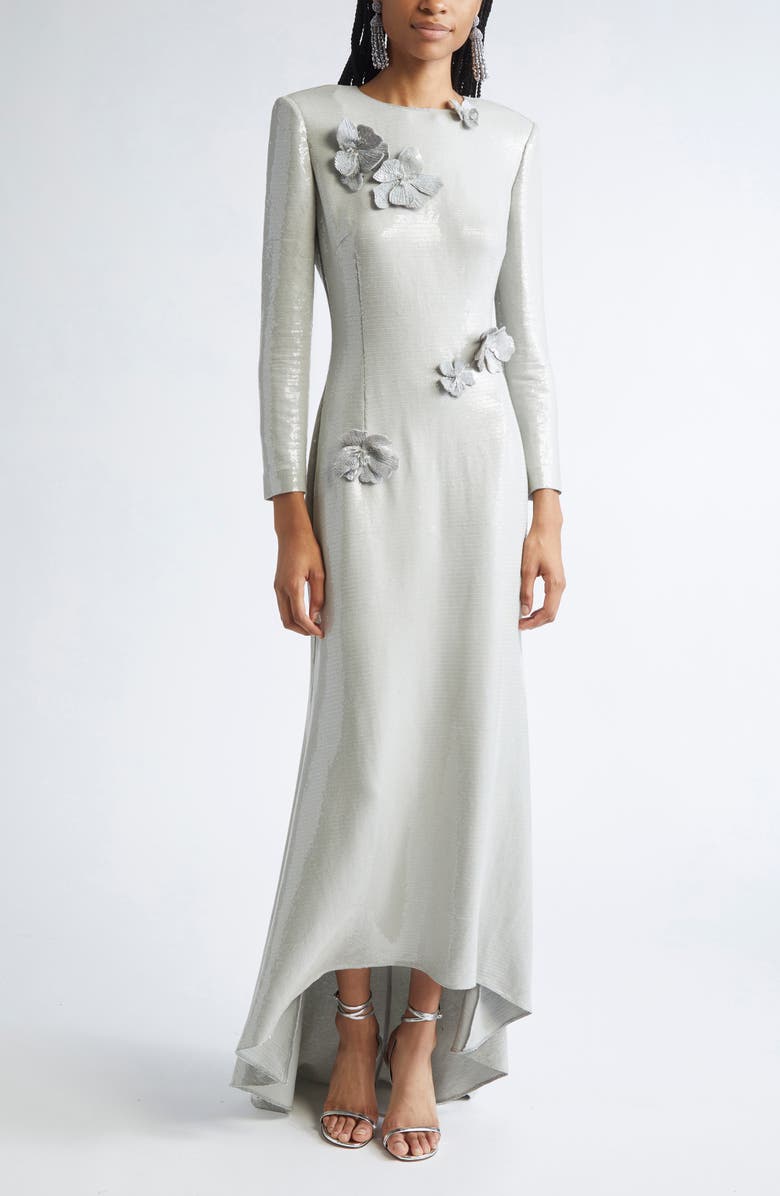 Oscar de la Renta Embroidered Cherry Blossom Long Sleeve Sequin Gown, Main, color, Pewter