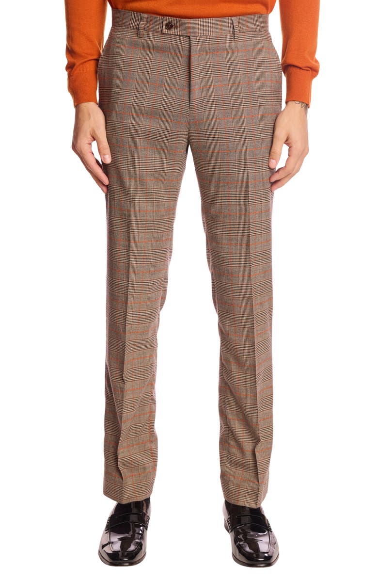 PAISLEY & GRAY Downing Slim Fit Flat Front Plaid Dress Pants, Main, color, Orange Pop Prince Of Wales