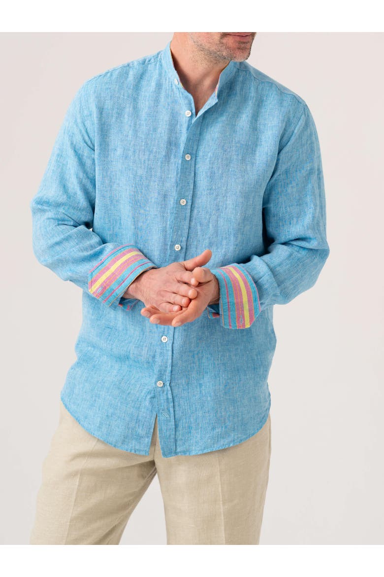 Linen Band Collar Shirt, Main, color, Turquoise