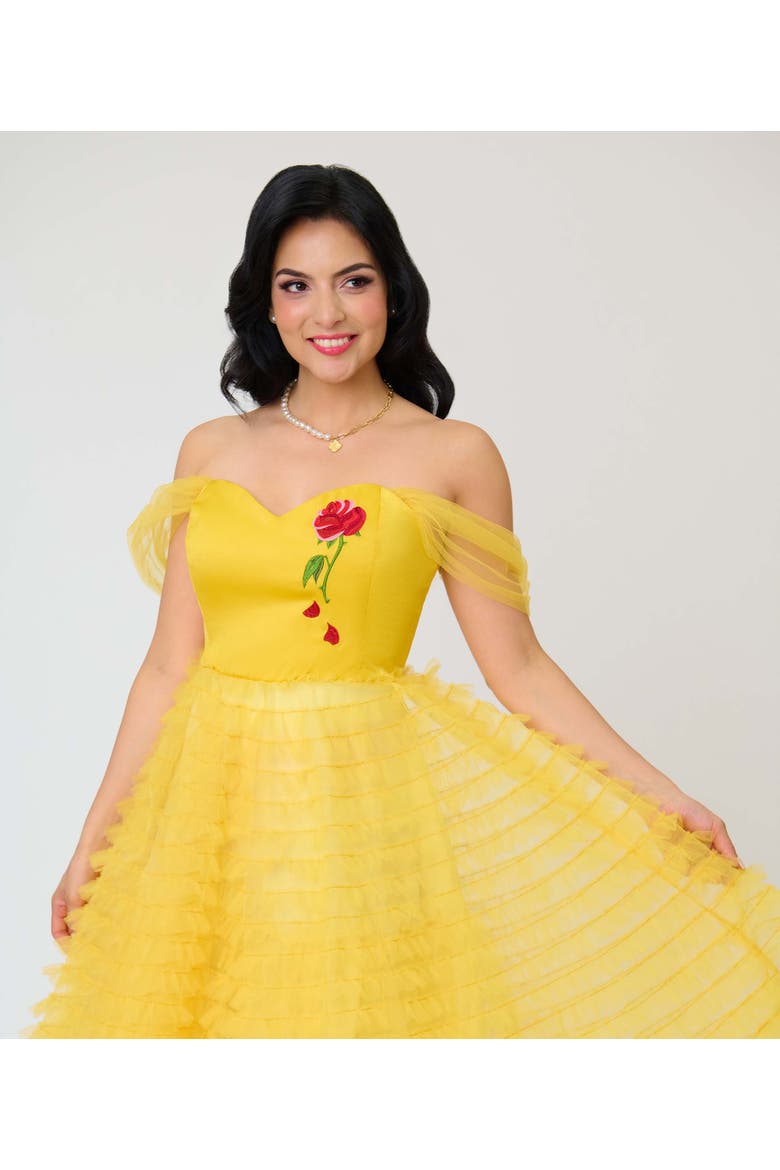 Tulle Off The Shoulder Swing Dress, Alternate, color, Yellow W/ Rose Embroidery