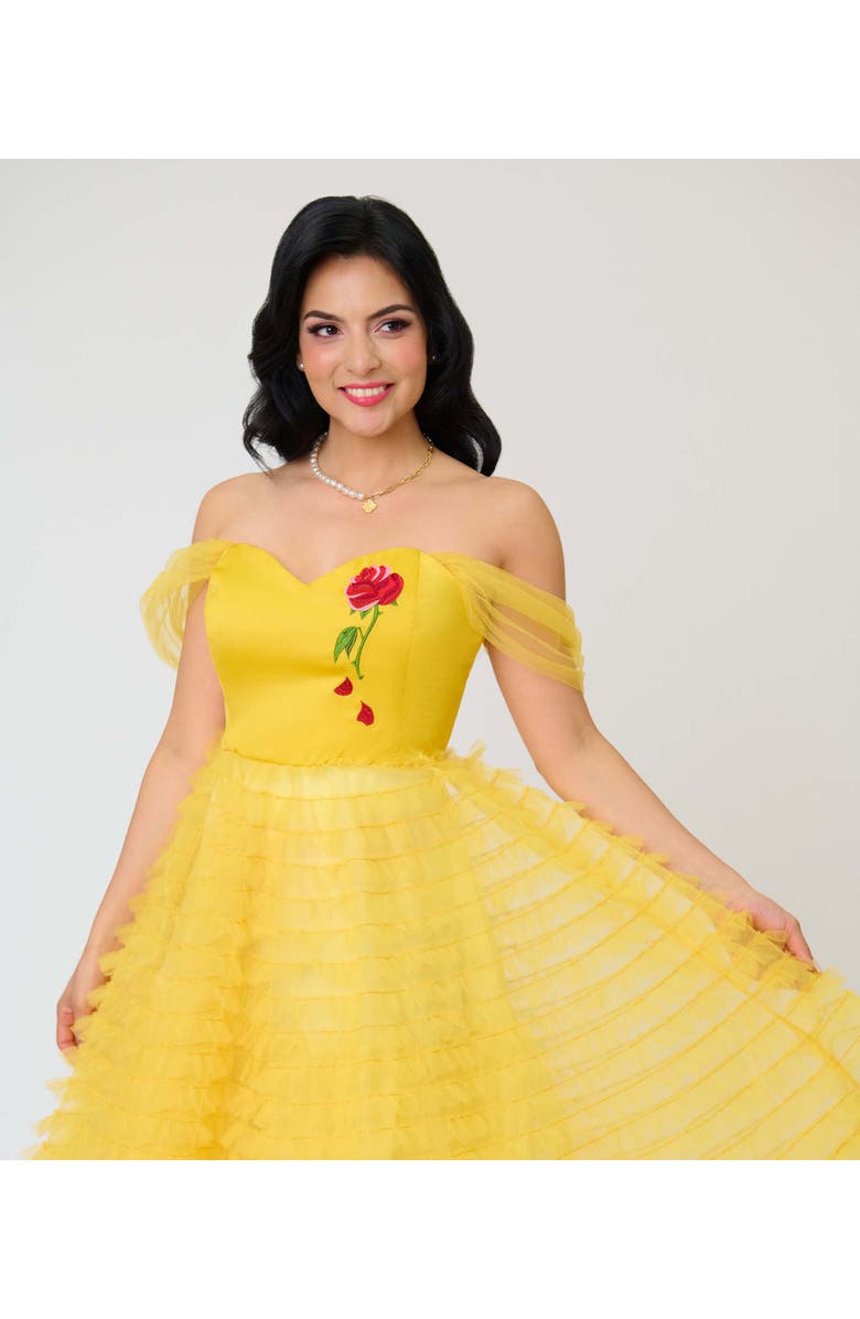 Unique Vintage Tulle Off The Shoulder Swing Dress, Alternate, color, Yellow W/ Rose Embroidery
