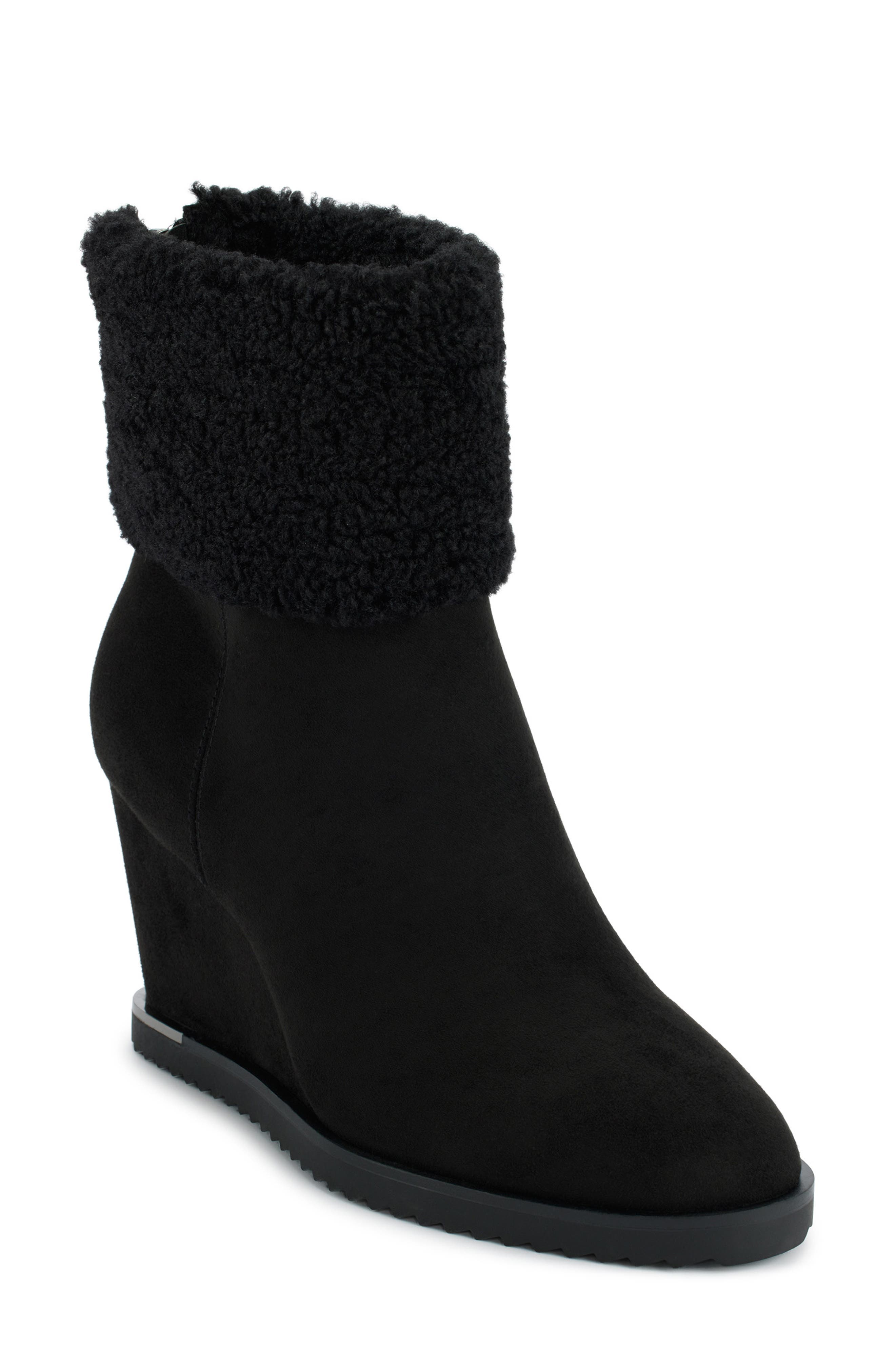 DKNY Powell Faux Shearling Wedge Bootie, Main, color, Blk - Black