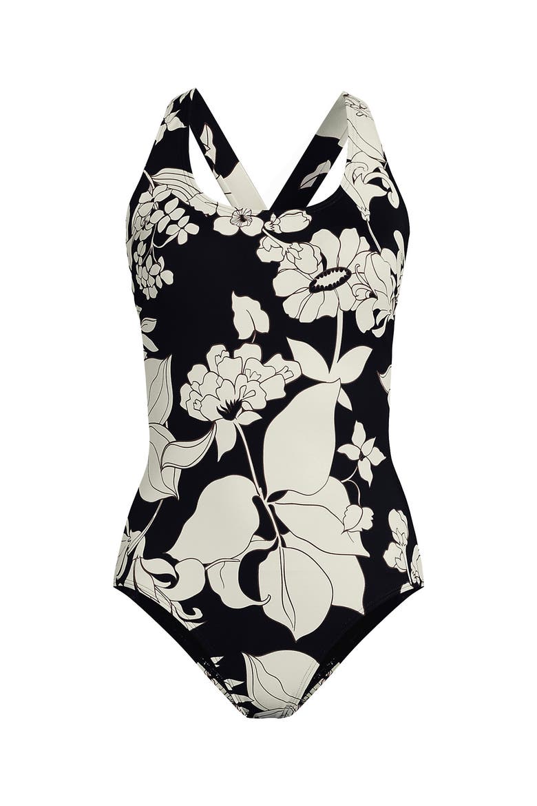 Chlorine Resistant Scoop Neck X-Back High Leg Soft Cup Tugless Sporty One Piece Swimsuit, Alternate, color, Black/Egret Lilies