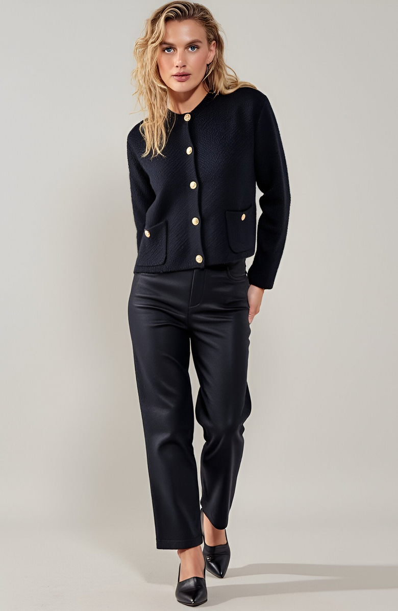 Modenaire Textured Knit Gold Button-Front Patch-Pocket Cardigan, Alternate, color, Black