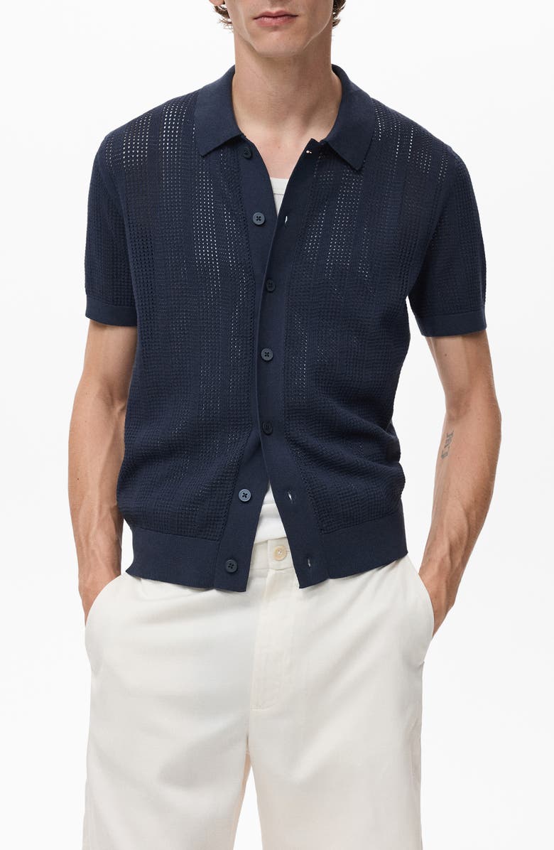 MANGO Openwork Knitted Polo, Main, color, Navy
