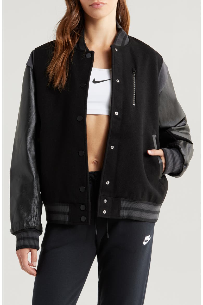 Sportswear Destroyer Leather & Wool Blend Varisty Bomber Jacket, Main, color, BLACK/ BLACK/ ANTHRACITE