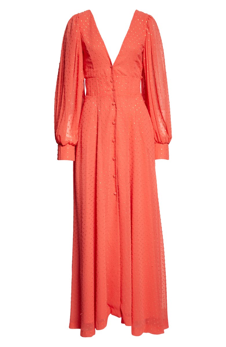 Kimberly Goldson Lesli Clip Dot Long Sleeve Maxi Dress, Alternate, color, Coral/ Gold Print