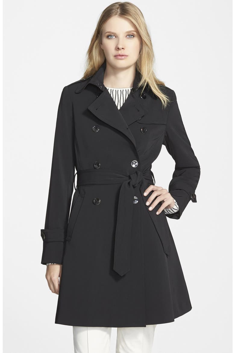 'Juliette' Double Breasted Skirted Trench Coat, Main, color, BLACK