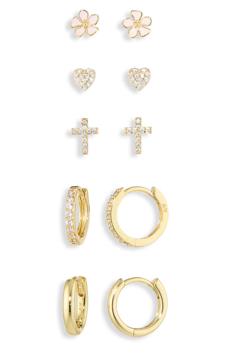 Set of 5 Stud & Huggie Earrings, Alternate, color, GOLD