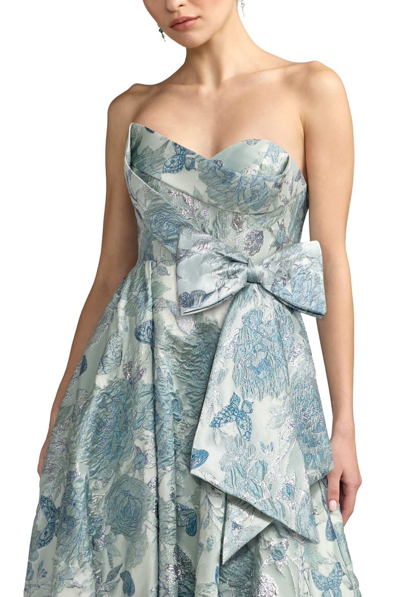 Women's Floral Brocade Strapless Ballgown With Bow, Alternate, color, Seafoam