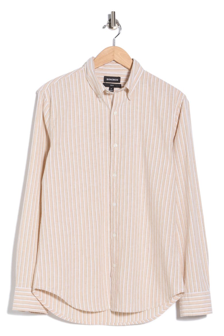 Everyday Slim Fit Cotton & Linen Long Sleeve Button-Down Shirt, Main, color, CREAM/ WHITE STRIPE
