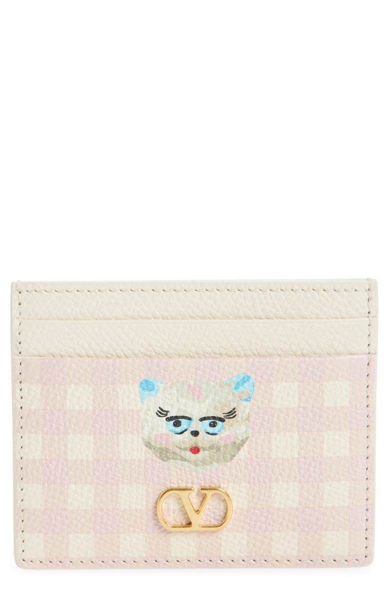 Valentino Garavani VLOGO Signature Le Chat De la Maison Leather Card Case, Main, color, Ivory/ Multi