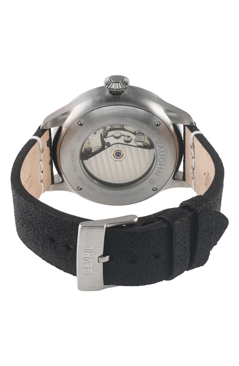 GEVRIL Vaughn Leather Strap Automatic Watch, 44mm, Alternate, color, Black