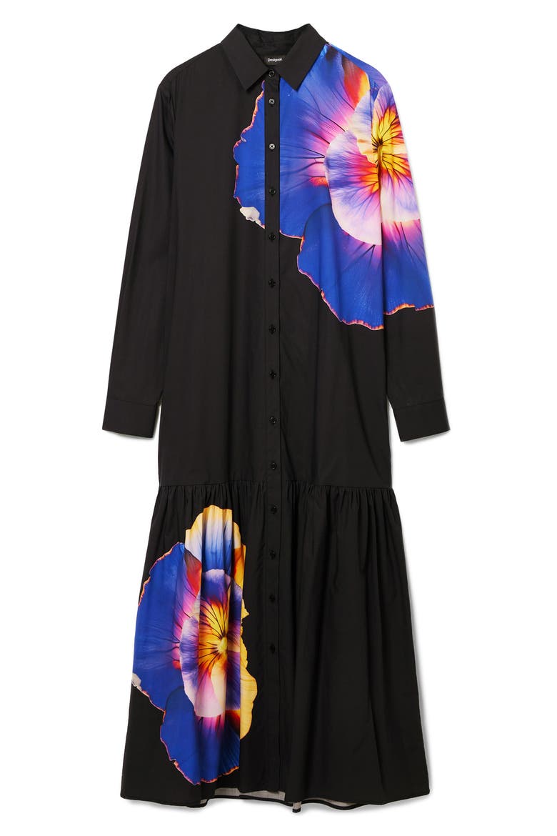 Pensamiento Floral Print Long Sleeve Shirtdress, Alternate, color, BLACK