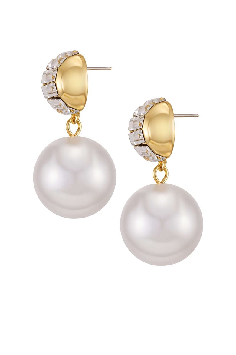 Pearl Drop Earrings with Baguette Accents, Alternate, color, 14K Gold Plated