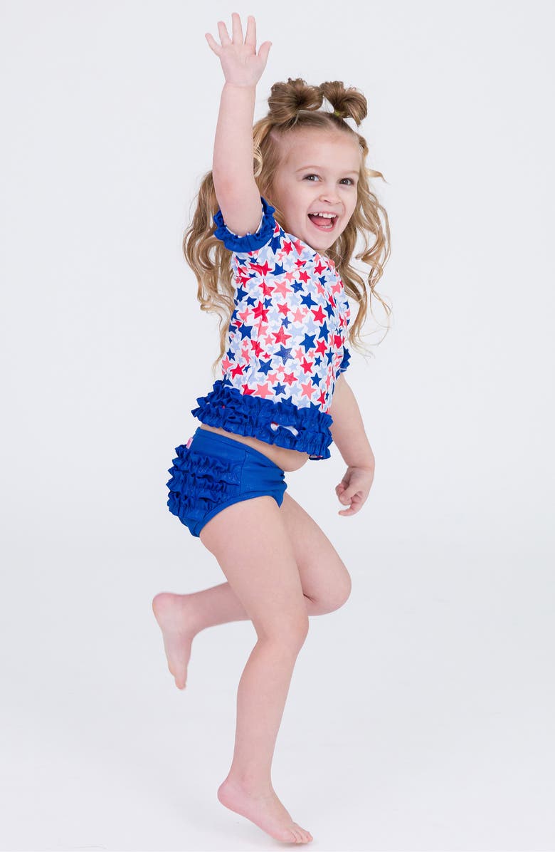RuffleButts Shimmer Star Spangled Rashguard Two-Piece Swimsuit, Alternate, color, Shimmer Star-Spangled
