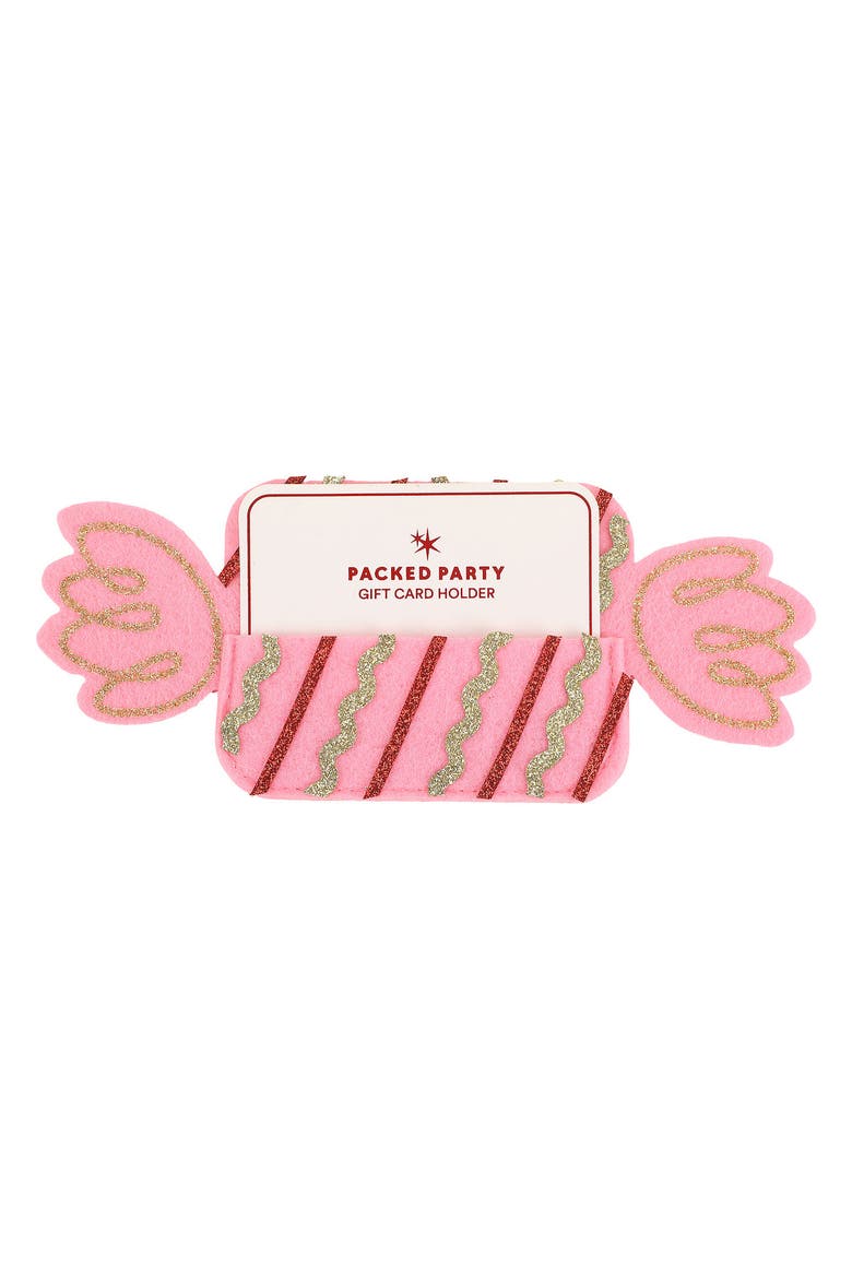 Candy Pink Felt Gift Card Holder - Wrapped Candy-Shaped Holiday Gift Card Sleeve with Gold Glitter and Green Stripes for Christmas Gifting, Main, color, Pink