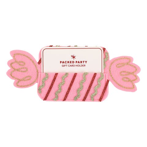 Candy Pink Felt Gift Card Holder - Wrapped Candy-Shaped Holiday Gift Card Sleeve with Gold Glitter and Green Stripes for Christmas Gifting