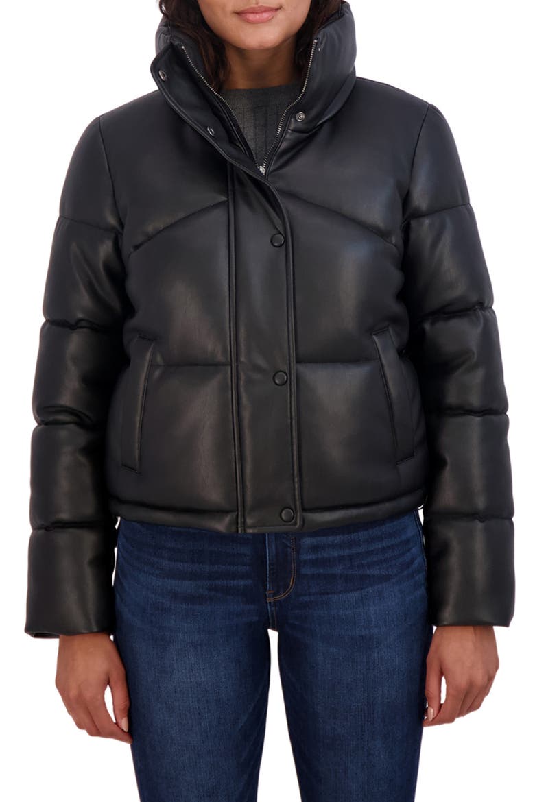 Faux Leather Short Puffer Jacket, Main, color, BLACK
