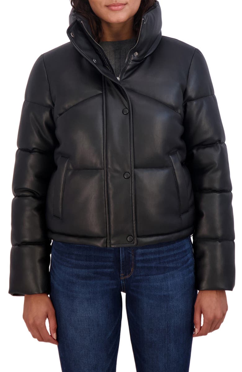Sebby Short Faux Leather Puffer Jacket, Main, color, Black