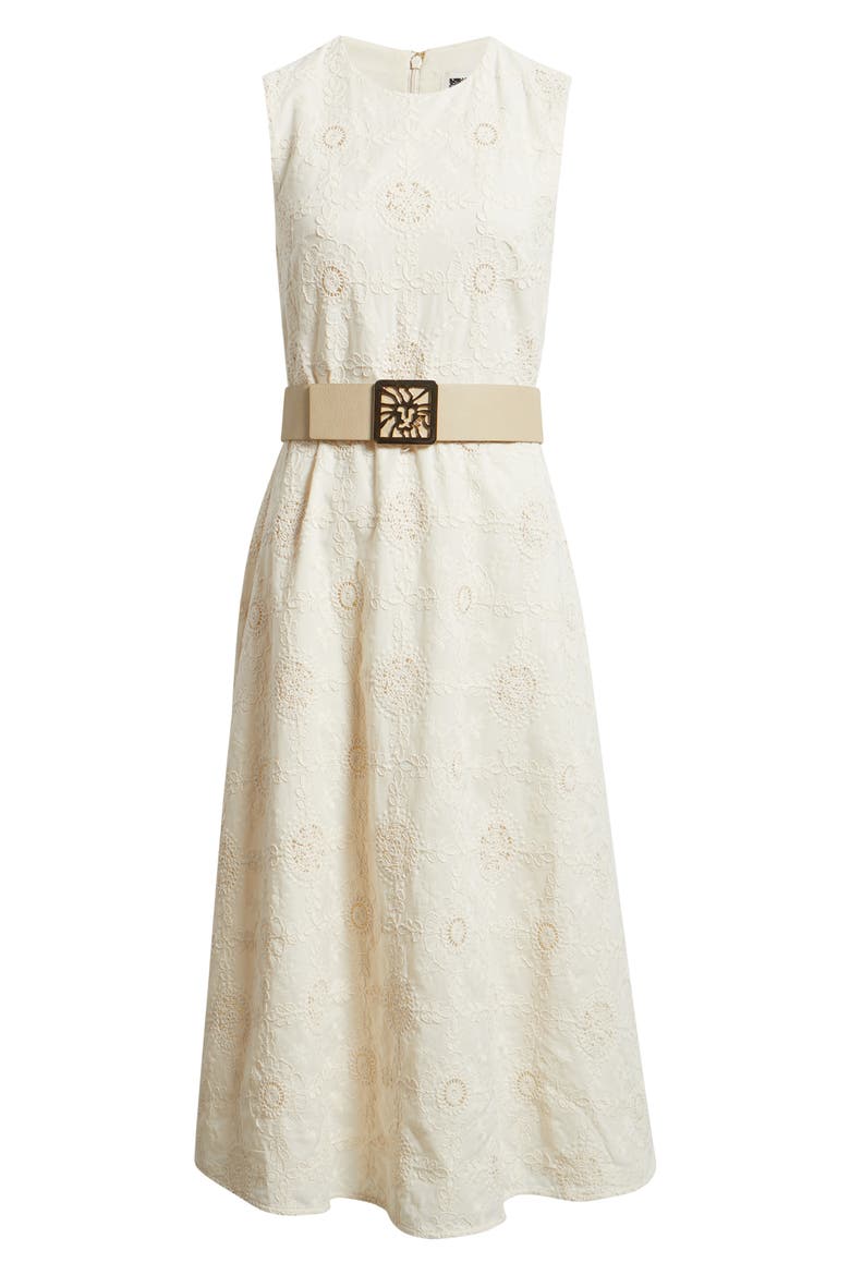 Embroidered Belted Sleeveless Midi Dress, Alternate, color, WHITE DOVE/ IVORY