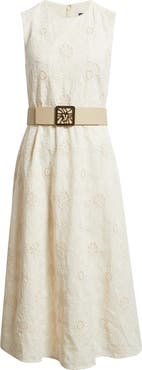 Anne Klein Embroidered Belted Sleeveless Midi Dress