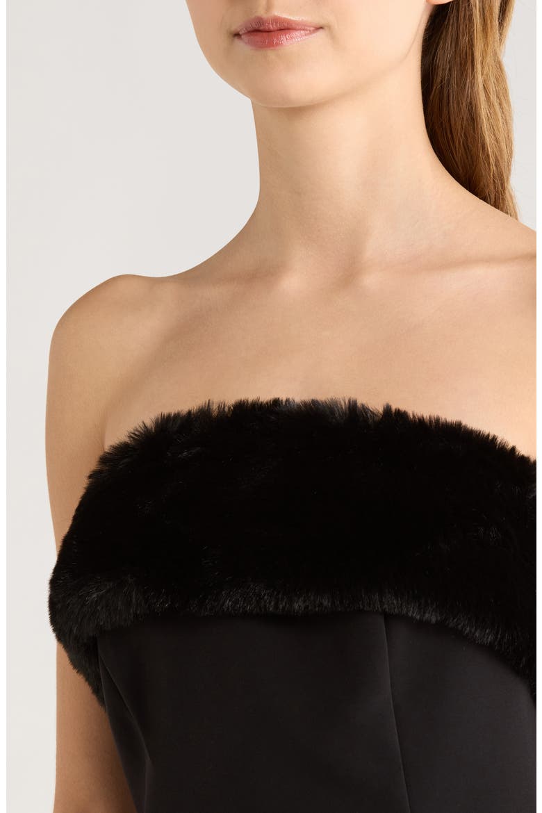 Amya Strapless Faux Fur Minidress, Alternate, color, BLACK