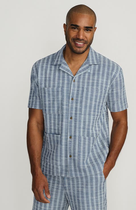 Short Sleeve Textured Jacquard Camp Collar Shirt - Set Top