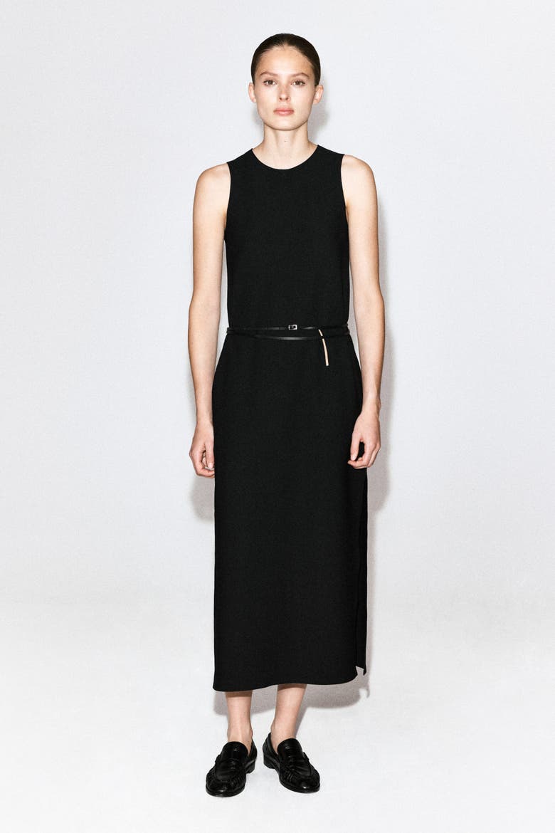 Sleeveless Crepe Midi Dress, Alternate, color, BLACK