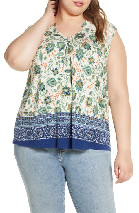 Daniel Rainn Border Print Lace Shoulder Tank Top (Plus Size)
