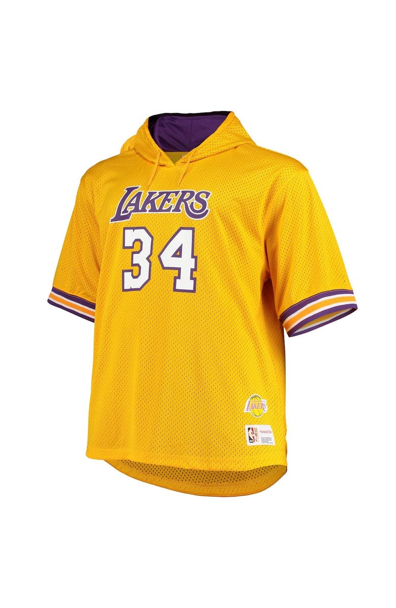 Mitchell & Ness Men's Mitchell & Ness Shaquille O'Neal Gold/Purple Los Angeles Lakers Big & Tall Name & Number Short Sleeve Hoodie, Alternate, color, 
