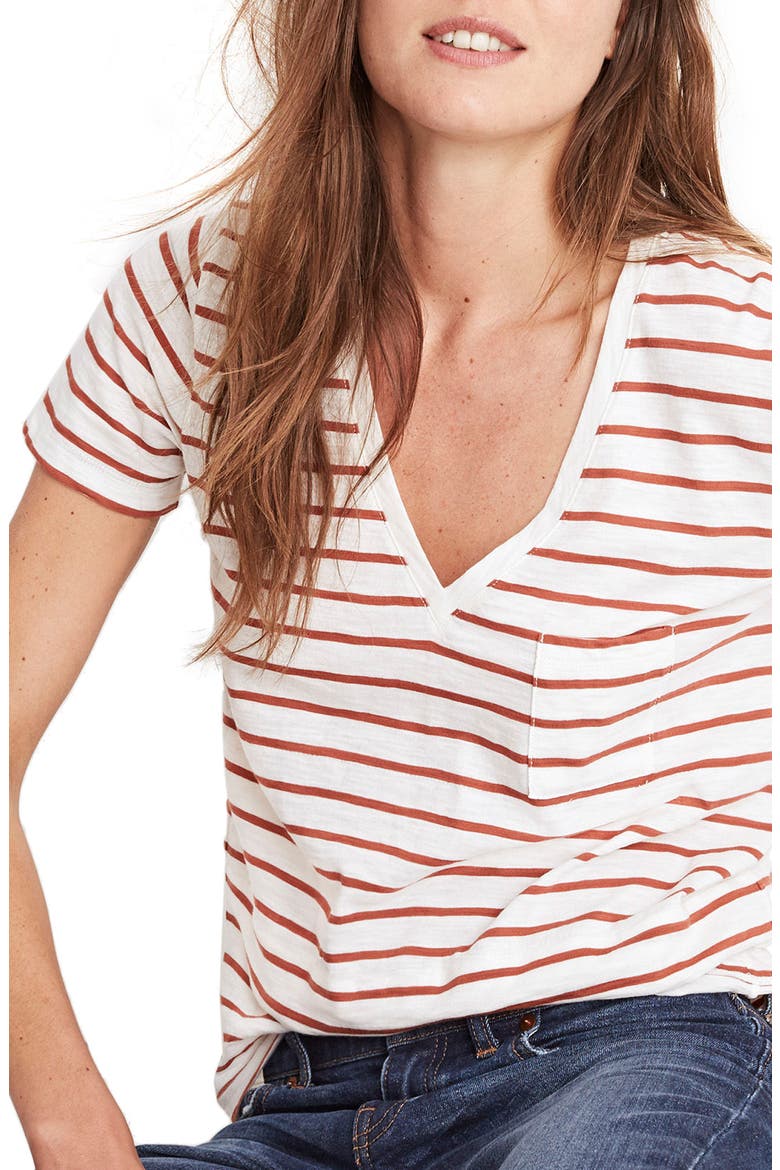 Whisper Cotton Stripe V-Neck Tee, Main, color, BURNT EMBER