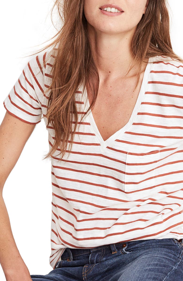 Madewell Whisper Cotton Stripe V-Neck Tee, Main, color, 