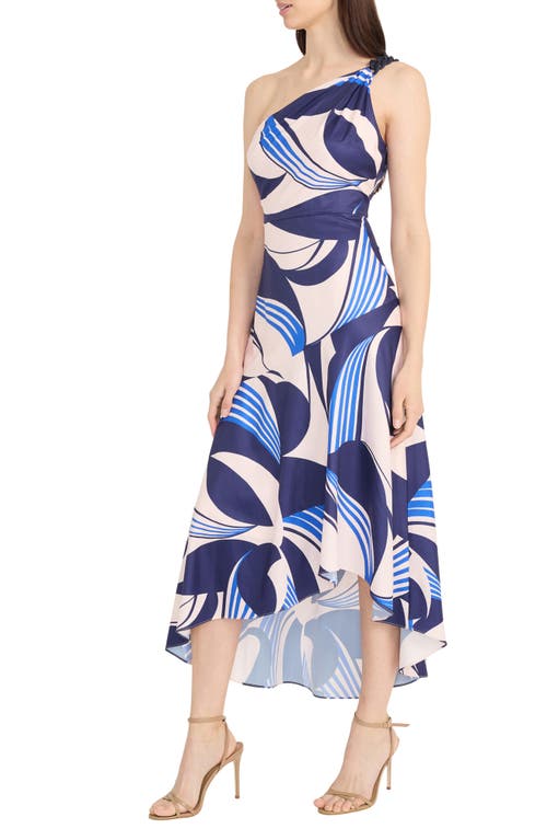 Maggy London Abstract Print Asymmetric Midi Dress In Navy/blush