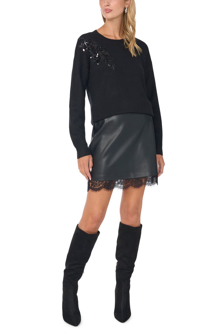 Floral Embroidered Sequin Appliqué Crewneck Sweater, Alternate, color, RICH BLACK