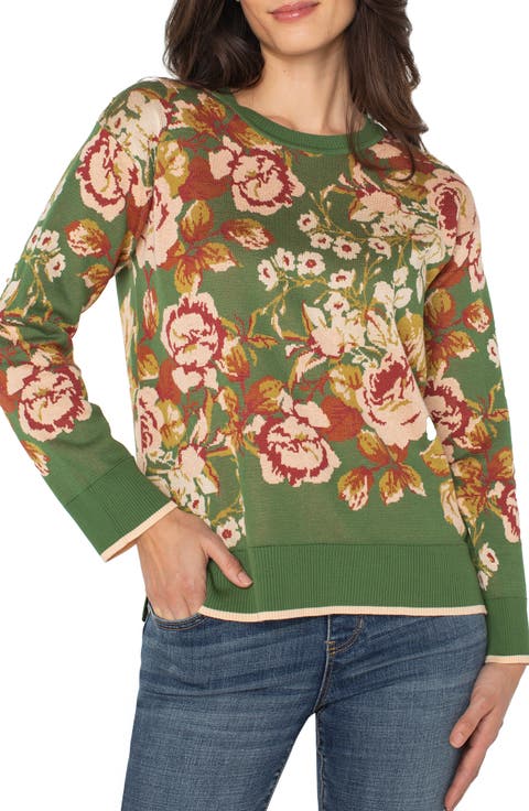 Floral Long Sleeve Cotton Blend Sweater